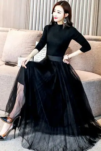 高领针织连衣裙秋装女2018新款修身显瘦网纱裙子黑色秋冬打底长裙