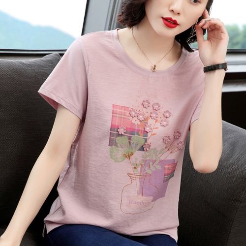 夏装中款纯棉女衫汗衫短袖宽松t恤血桖丅土杉中年妇女妈妈上衣服