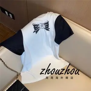 chanel/香奈儿胸前蝴蝶结经典双c标识黑白撞色t恤女圆领套头短袖