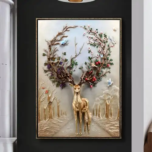 玄关装饰画入户3d立体招财发财鹿美式壁画欧式竖版大幅浮雕大挂画