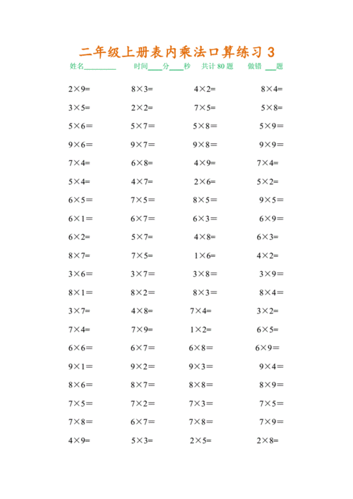 二年级上册表内乘法口算练习题(10套).doc 10页