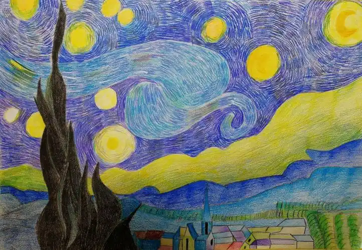 城西浩维2018春彩铅班作品《星夜》—向梵高致敬!