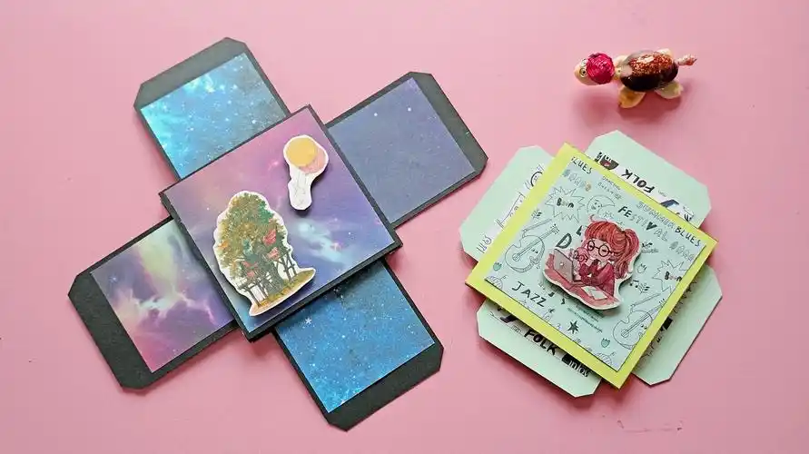 好玩的小机关抽拉卡,四面都能抽出照片,当贺卡送朋友很别致!