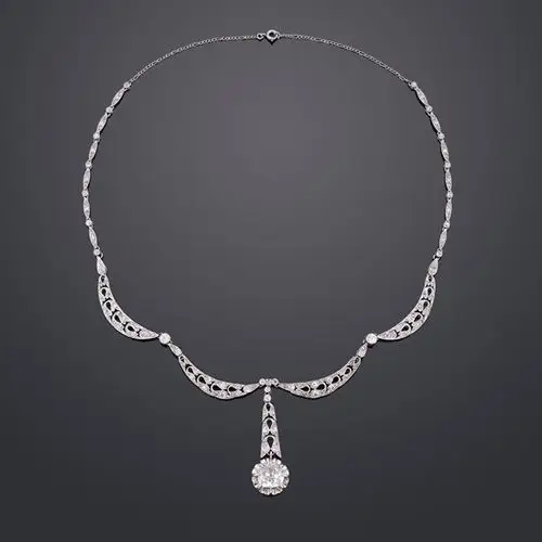 1920年代装饰艺术时期钻石古董项链 18k白金 总重量14.