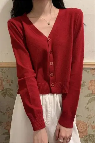 新款春秋针织开衫女韩版短款v领内搭长袖薄款毛衣外套外搭