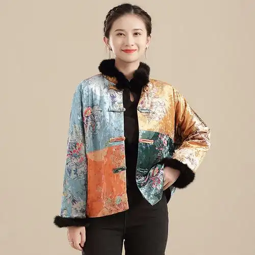 丝绒拼接棉上衣毛边长袖改良时尚唐装女冬季国风女装宽松外套