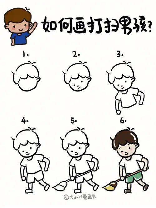 很多小姐妹说要多画儿童的在园活动,学会打扫卫生的小男孩,怎么画呢?