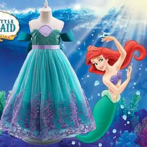 女童迪士尼爱丽儿连衣裙新款洋气美人鱼公主裙子生日蓬蓬纱演出服
