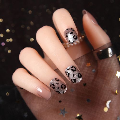 新款时尚晶石猫眼手绘小豹纹假指甲贴片穿戴甲片手工光疗美甲成品