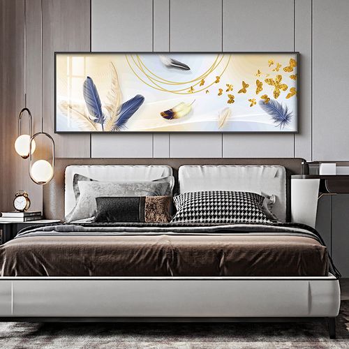 北欧风格卧室床头画主卧墙壁挂画横版现代简约轻奢装饰画温馨羽毛