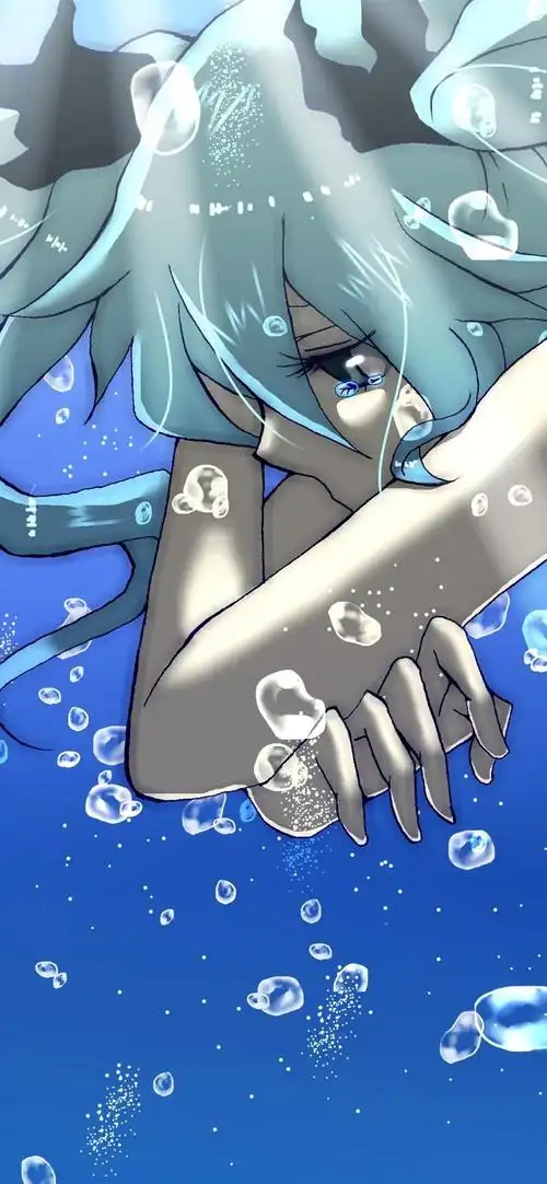 悲伤的动漫女孩,蓝色头发,眼泪,水,气泡 iphone 壁纸