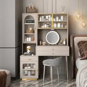 轻奢梳妆台书桌一体卧室现代简约卧室电脑桌书架大容量高级化妆桌