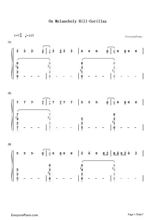 on melancholy hill-gorillaz双手简谱预览1