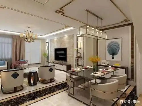 现代简约装修风格的客厅,用镜面钛金不锈钢线条包边吊顶,拉丝玫瑰金