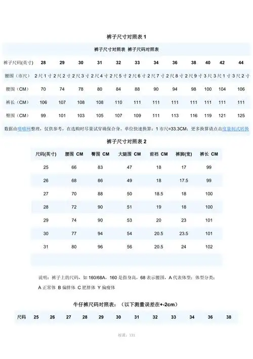 牛仔裤尺码对照表