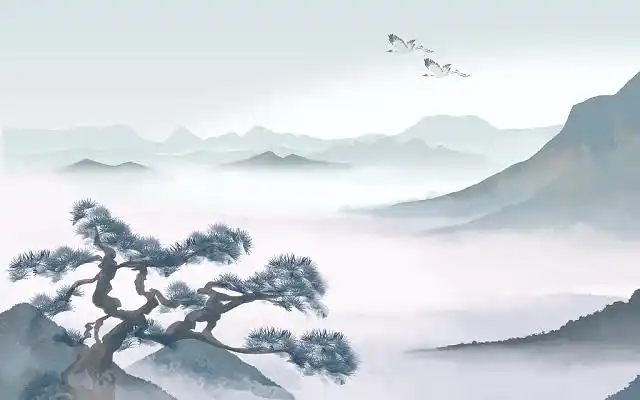 古风松树水墨云雾意境唯美插画古风松树插画