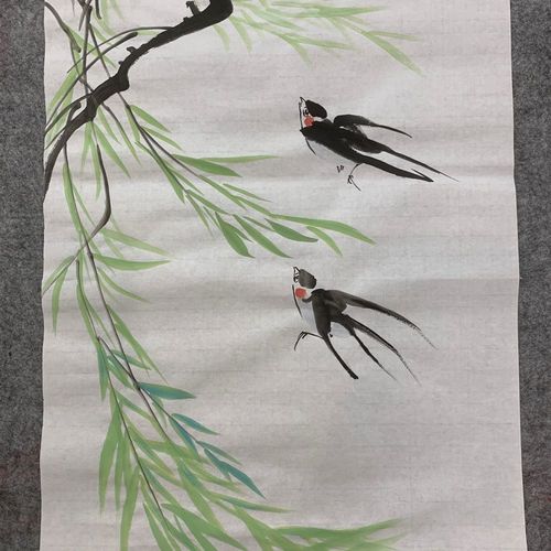 纯手绘国画 水墨写意花鸟小品春天燕子 四尺六开