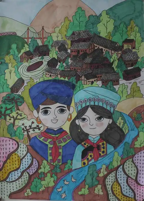 绘画郭滨旗绿水青山的十八洞村