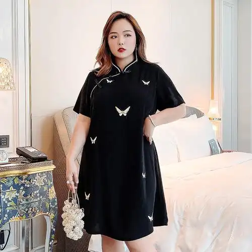 mm加肥加大连衣裙250斤妹妹中国国风旗袍复古大码女装