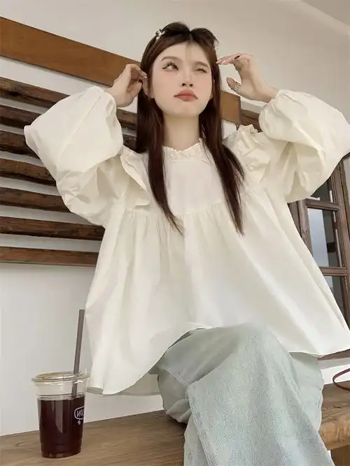 娃娃衫荷叶边上衣女早春设计感白色宽松衬衣法式甜美