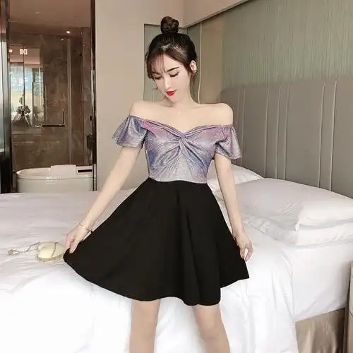 实拍网红一字肩两穿名媛气质公主裙闪亮v领低胸性感连衣裙