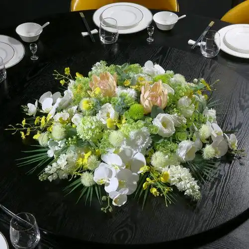 酒店高档餐桌花摆件餐厅包间大圆桌转盘中心摆花轻奢装饰仿真花艺