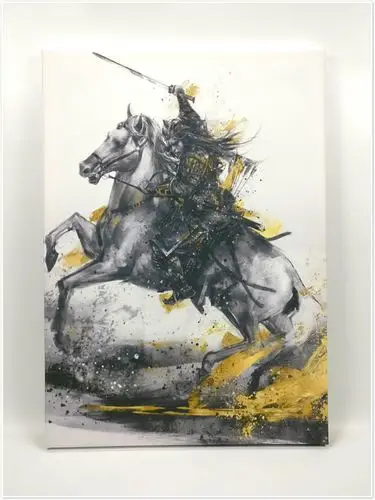 现代简约武将挥剑骑马中式水墨风客厅办公室挂画壁画无框画装饰画
