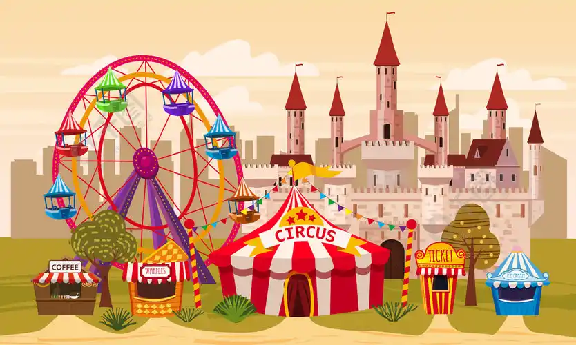 城堡冰淇淋摊饮料帐篷华夫饼售票处的景观矢量图孤立卡通风格横幅传单