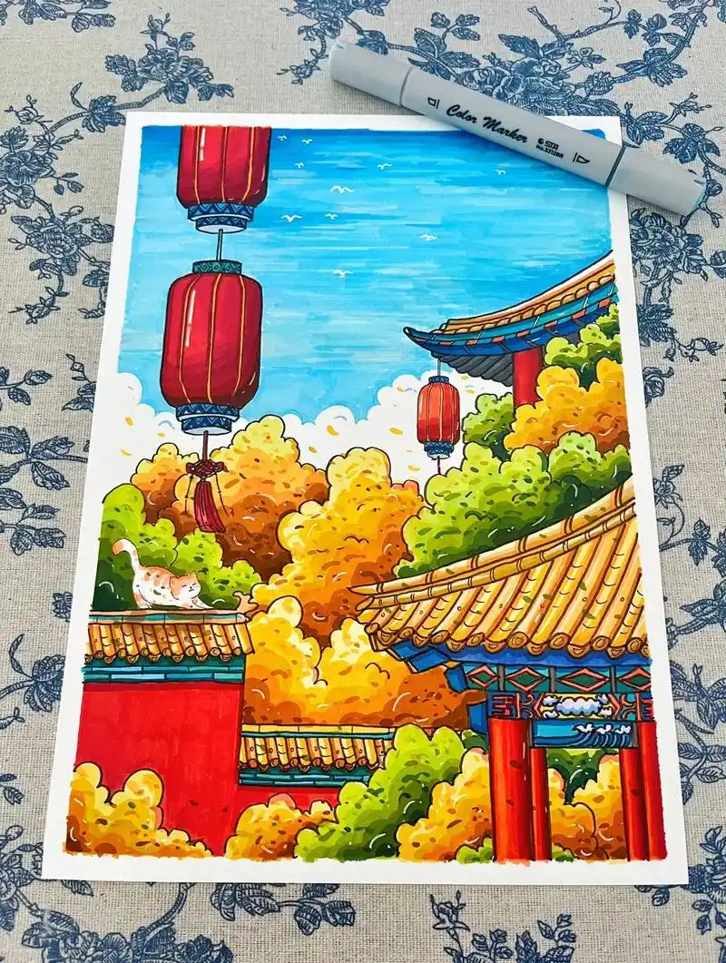 原创国风马克笔绘画『故宫之秋』.#治愈画风 #国风 #原创绘 - 抖音