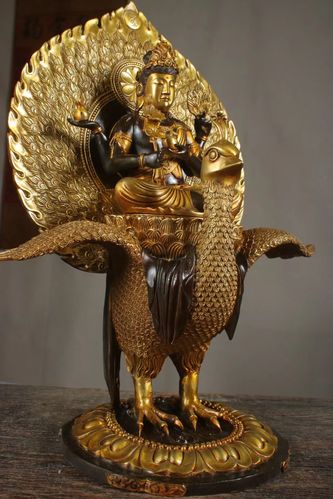 摆件纯铜金孔雀大明明王孔雀多罗菩萨度母佛像装饰摆件