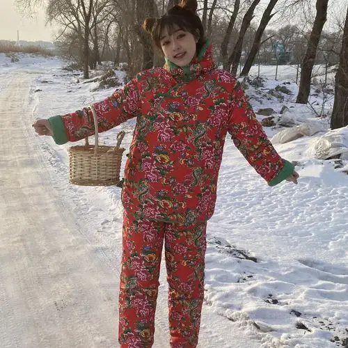 控 5价牛年东北大花裤牡丹花袄冬季加厚长袖袄子套装女_heyworldhey