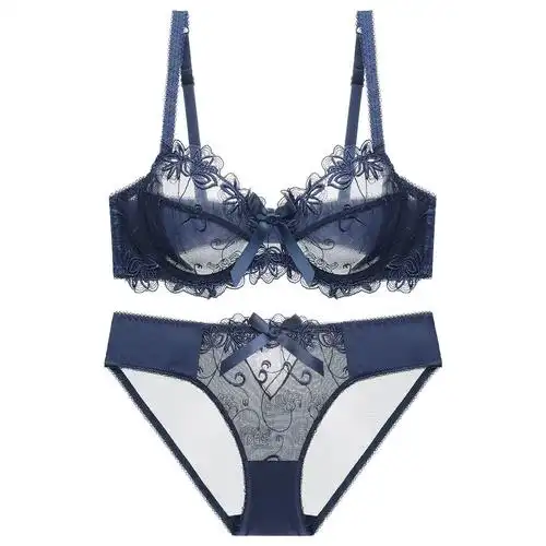 大码内衣女 法式超薄舒适性感网纱透明文胸套装 刺绣蕾丝热销胸罩