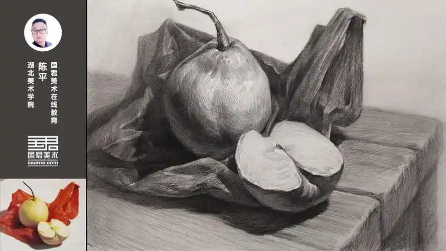 素描静物水果组合梨半个苹果塑料袋陈平