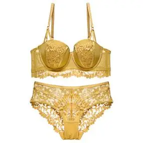 维密哆欧美性感蕾丝聚拢文胸套装女夏季内衣抹胸金黄色大罩杯乳罩