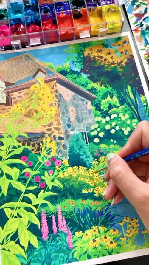 不透明水彩盛夏的花园小径过程分享