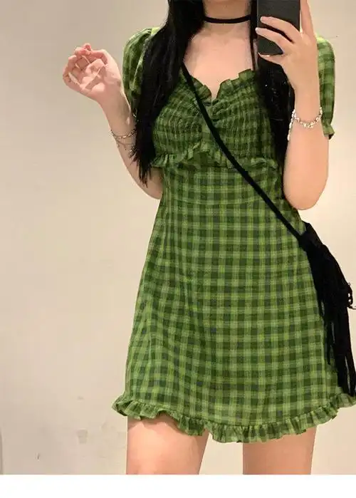 agxp 夏天jk制服套装少女生学院风轻熟法式少女绿色格子连衣裙大码