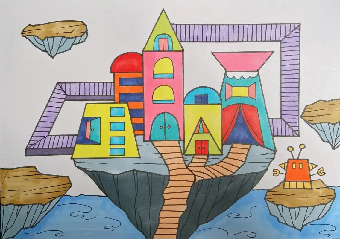 未来城市儿童画简笔画建筑天空之城马克笔 美术宝 未来城市 课效