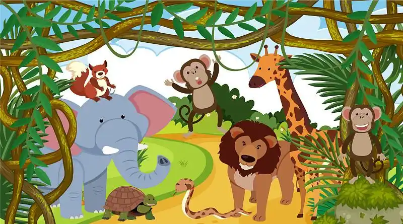 背景场景与许多动物在森林图片