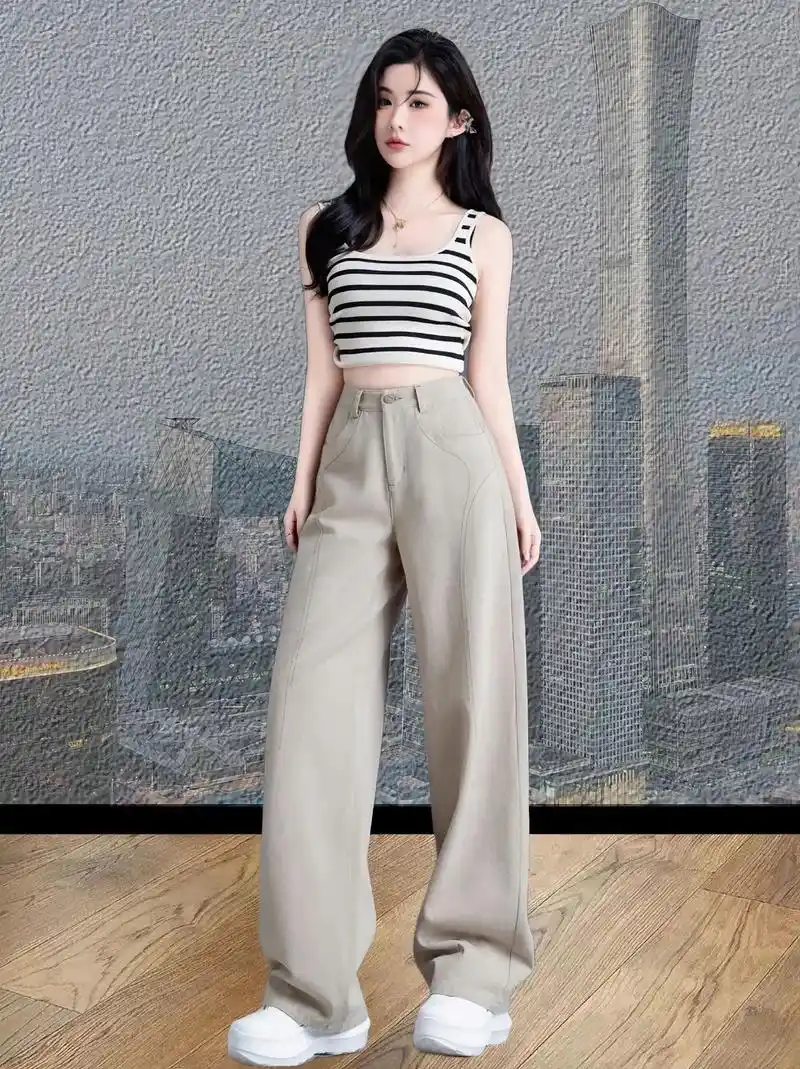 春秋季女裤卡其色休闲裤牛仔裤女直筒高腰裤.