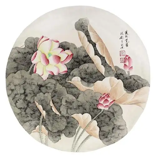 0049 荷花团扇 镜心 设色纸本