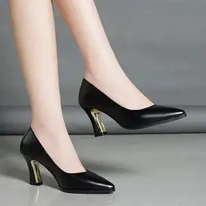 尖头粗跟单鞋女职业皮鞋高跟鞋图片