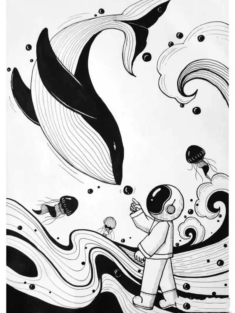 画完100张黑白装饰画266866附过程图 "想要坠入深海里,看悠闲游荡