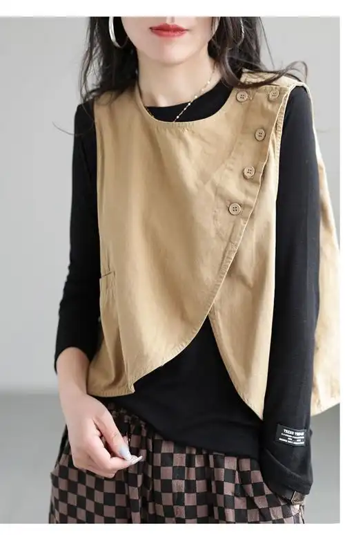 2022年马甲女夏装圆领全棉宽松复古洋气休闲百搭女士上衣马夹坎肩