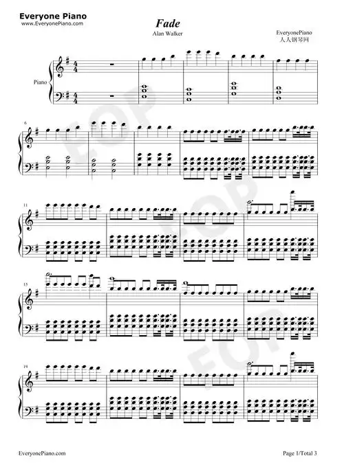 fade-alan walker-钢琴谱文件(五线谱,双手简谱,数字谱,midi,pdf)免费