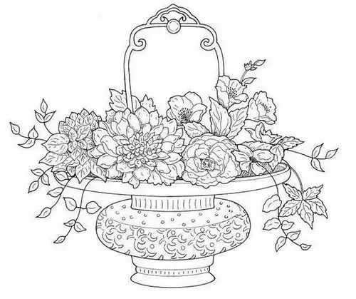 花样图解刺绣教程 花篮的线描图可以画下来,绣上自己喜欢的风格.