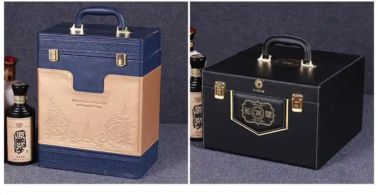 厂家直销白酒皮箱六只皮盒高端红酒包装盒酒红烫金礼盒白酒盒竖提