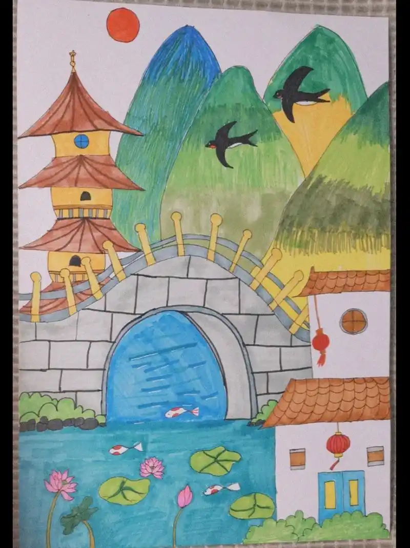 家乡美儿童画 五个小时的成果,娃熬到眼睛都睁不开了,为你点赞