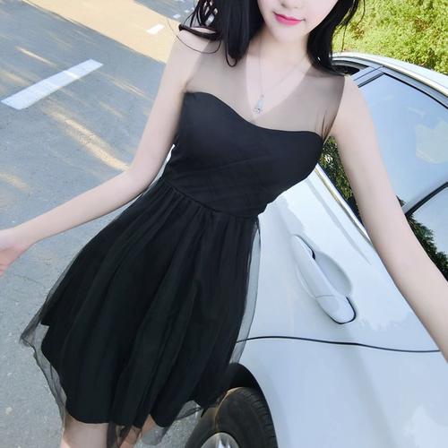 藤堂家大码女装 2017夏夜店性感气质透视网纱拼接抹胸露肩连衣裙