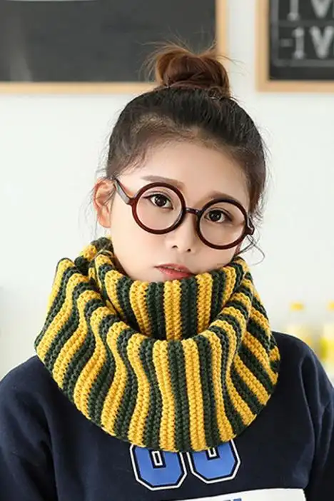 韩国手工编织针织毛线围脖女冬季保暖套头脖套百搭黑白条纹小围巾
