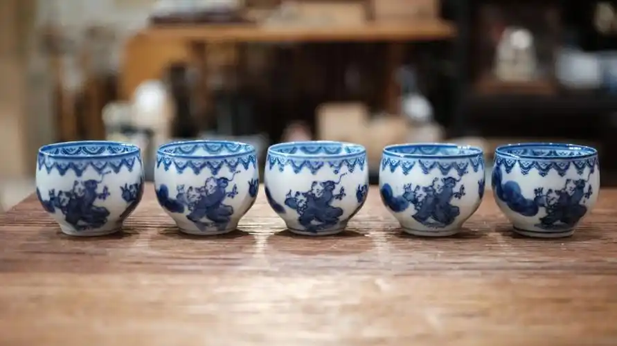 锅岛烧青花童趣图煎茶碗5客组